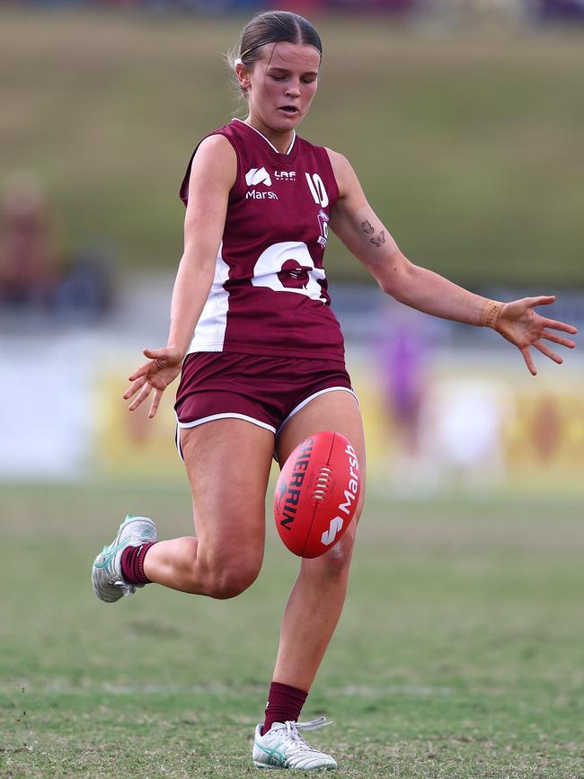 Mia Salisbury of Queensland kicks during the Marsh AFL National Championships. (Photo by Chris Hyde/AFL Photos/via Getty Images)