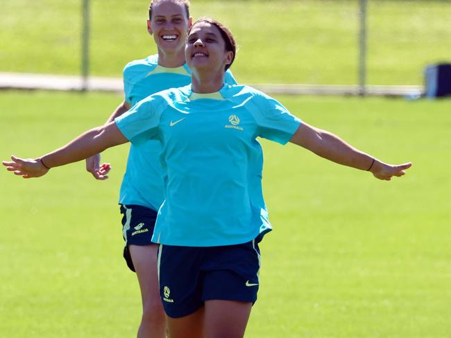 BRISBANE, AUSTRALIA - NewsWire Photos AUGUST 11, 2023: Sam Kerr and Emily van Egmond, behind, during the Matildas Training session in Brisbane. Picture: NCA NewsWire/Tertius Pickard