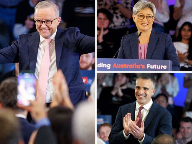 Clockwise from main: Anthony Albanese at the campaign rally in Adelaide; Foreign Minister Penny Wong; and Premier Peter Malinauskas. Picture: Matt Turner, NewsWire / Dean Martin