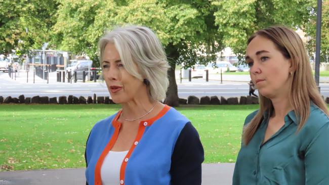 Greens leader Rosalie Woodruff and MP Tabatha Badger speak to the media on parliament Lawns in Hobart on Thursday, March 6, 2025.