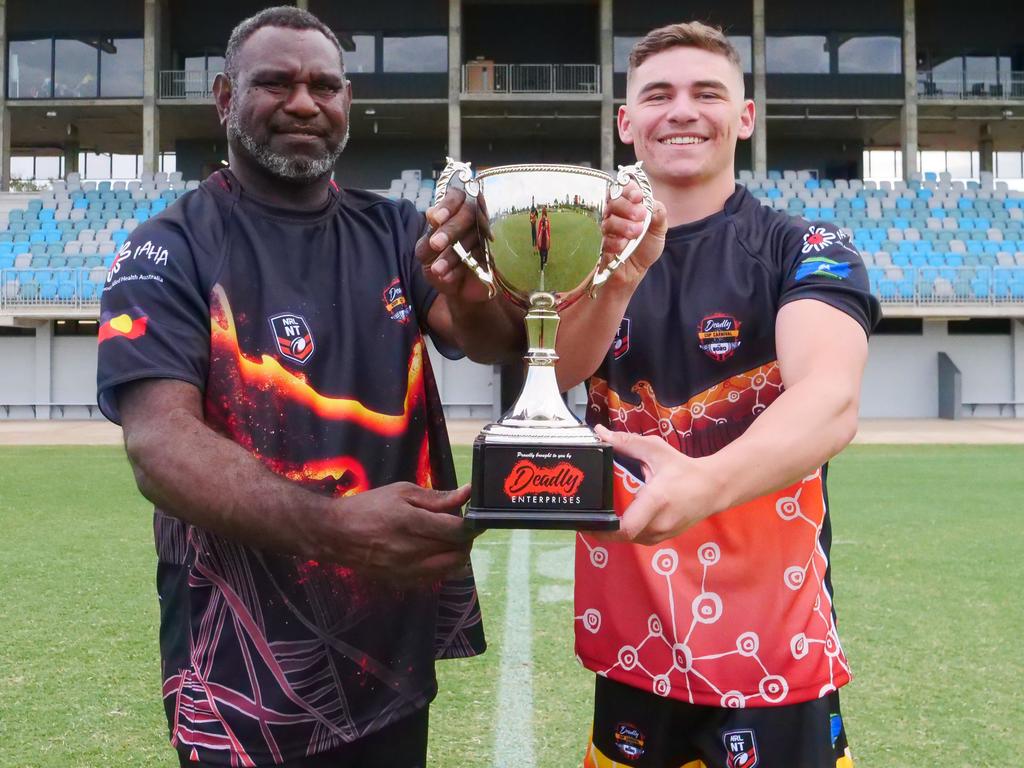 Indigenous All Stars Danny Miskin and NT All Stars Jayden Jones ahead of the weekend's Deadly Cup. Picture: (A)manda Parkinson