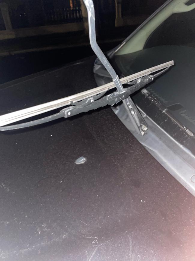 Broken windscreen wipers on Will Frogley’s car on Friday.