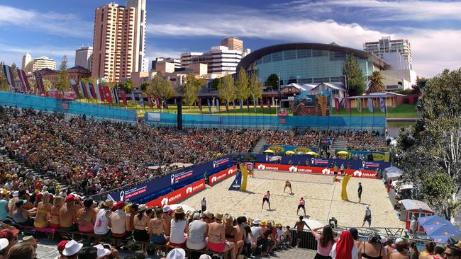 Render of one of the main two competition courts for the world beach volleyball championships. Picture: Supplied