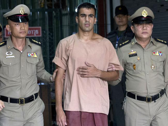 FILE - In this Monday, Feb. 4, 2019, file photo, refugee soccer player Bahraini Hakeem al-Araibi leaves the criminal court in Bangkok, Thailand. A Thai court on Monday, Feb. 11, 2019, has ordered the release of al-Araibi after prosecutors said they were no longer seeking his extradition to Bahrain. (AP Photo/Sakchai Lalit, File)