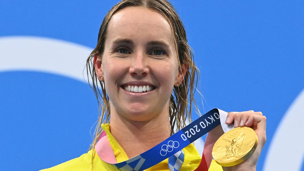 The great Emma McKeon with one of her Paris medals.(Photo by Attila KISBENEDEK / AFP)