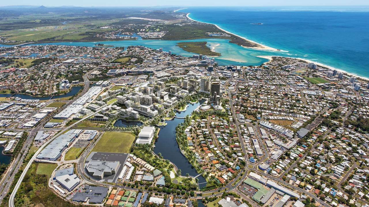 Renders of the future Maroochydore City Centre, where it is hoped a heavy rail line will connect Brisbane to the Sunshine Coast.