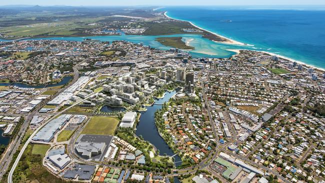 Renders of the future Maroochydore City Centre, where it is hoped a heavy rail line will connect Brisbane to the Sunshine Coast.