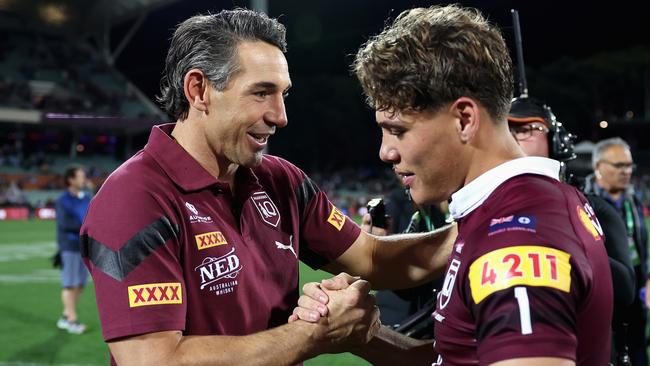 Maroons coach Billy Slater and Reece Walsh celebrate winning game one of the 2023 State of Origin series in May 2023 in Adelaide. Picture: Cameron Spencer/Getty Images