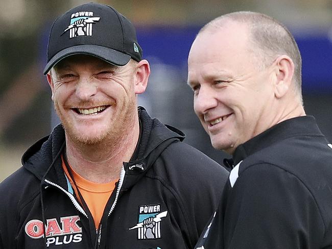 Port Adelaide Training at Alberton Oval. Michael Voss has a good laugh with Ken Hinkley. Picture SARAH REED