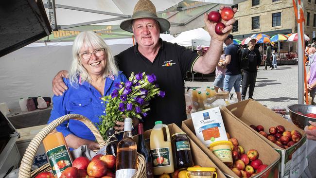 Jenny Direen of North Huon Apiary and Mark Duggan of Duggan Brand Apples and Pears after the Taste of the Huon was given green light to go ahead in March 2021. Picture: Chris Kidd