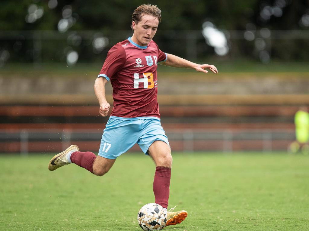 17/03/2024. News Local. Sport. Leichhardt, Sydney, NSW, Australia. Action pics from the NPL soccer match between APIA Leichhardt v Sydney Olympic at Leichhardt Oval. APIA won the game 2-0. Pic shows: APIA player : Jordan Segreto Olympic player: Picture: Julian Andrews