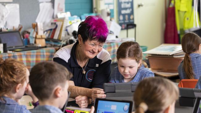 Teacher Elizabeth Kriesch in her Emus classroom at St Columba’s Primary, Wilston. Picture: Mark Cranitch.