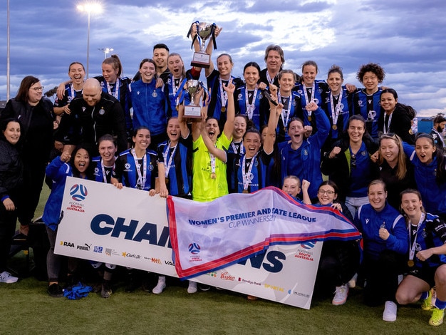 Salisbury Inter's WNPL side celebrates its historic cup win. Picture: Supplied, Adam Butler/Football SA