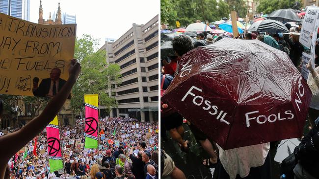 Climate protesters have turned out in force in Sydney, left, and Melbourne. Picture: AAP/Ian Currie