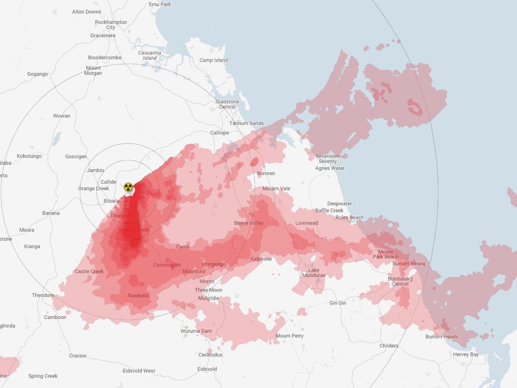 The Caesium-137 footprint left over from the 2011 Fukushima nuclear disaster mapped over nuclear power proposed for Callide, Queensland.