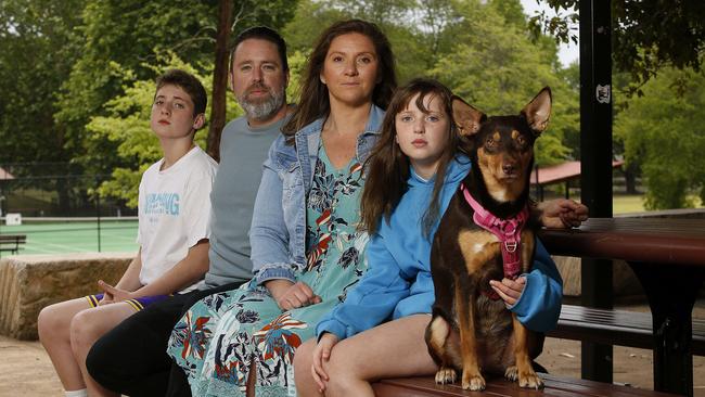 MOSMAN DAILY ONLY. SEE EDITOR TIM MCINTYRE FOR PERMISSION TO USE. The McGill family  L to R:  rex -12, Todd, Kate, Mollie -10 and "Indie" the dog. The rise in the cost of living has resulted in a lot of families having to make difficult decisions about balancing their budget. Picture: John Appleyard