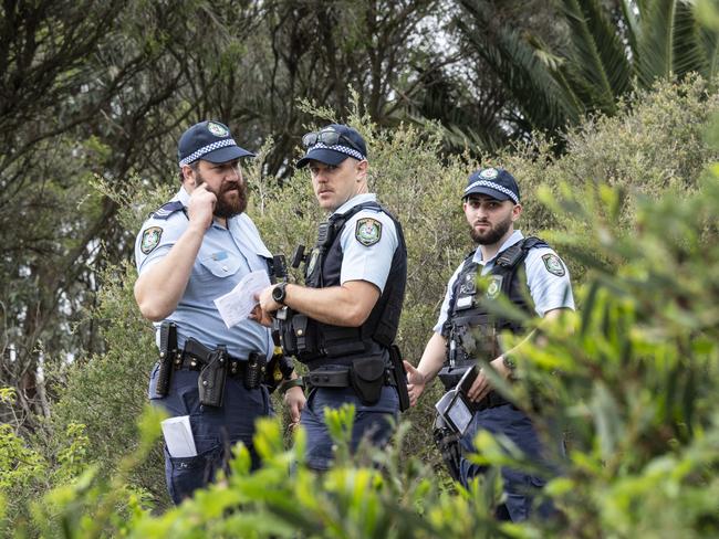 Police pictured on Foreshore Rd at Botany last Monday after a body was found wrapped in plastic in plastic in bushland near Sydney Airport. Picture: NewsWire/ Monique Harmer