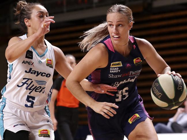 BASKETBALL - WNBL - Semi Final Game 2 - Adelaide Lightning v Southside Flyers at Titanium Security Arena. Nicole Seekamp and Leilani Mitchell Picture SARAH REED