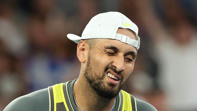 Nick Kyrgios during his first-round loss to Briton Jacob Fearnley on Monday. Picture: Getty Images