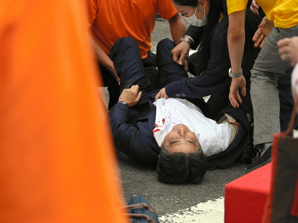 Former Prime Minister Shinzo Abe bleeds from chest after being shot. Picture: Getty Images