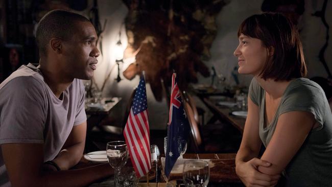 Parker Sawyers as Gus and Tess Haubrich as Jasmina in Pine Gap.