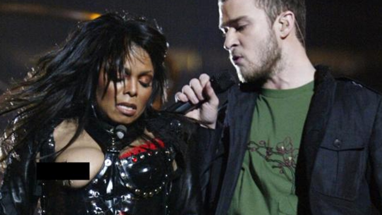 During the infamous Superbowl performance, Timberlake tore away a piece of Jackson's outfit. Picture: Getty Images.