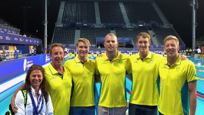 SA swimmers, coach and team staff selected for the Australian Gold Coast Commonwealth Games Team (L to R) - Angela Mondello, Peter Bishop, Jesse Aungles, Kyle Chalmers, James McKechnie and Travis Mahoney. Picture: Supplied.