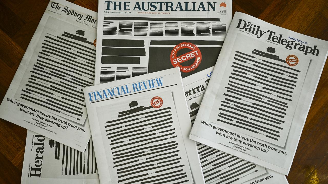 Front pages of major Australian newspapers onMonday, October 21, 2019. The front pages of the major newspapers on Monday replicated a heavily redacted government document, alongside an advertising campaign challenging laws that the media organisations say effectively criminalise journalism and whistleblowing. Picture: AAP