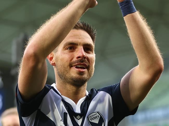 MELBOURNE, AUSTRALIA - OCTOBER 29: Bruno Fornaroli of the Victory celebrates following the A-League Men round two match between Melbourne Victory and Newcastle Jets at AAMI Park on October 29, 2023 in Melbourne, Australia. (Photo by Graham Denholm/Getty Images)