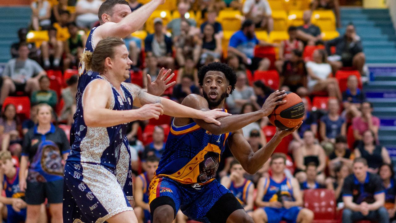 Jerron Jamerson is under pressure. Darwin Basketball Men's Championship Round 20: Ansett v Tracy Village Jets. Picture: Che Chorley