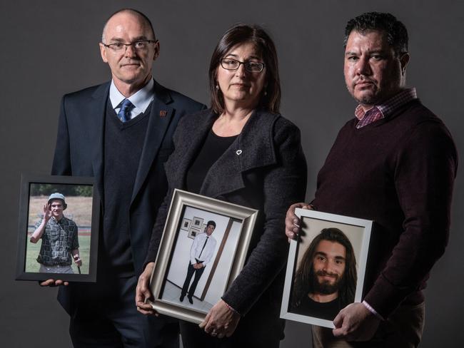 Families of coward punch victims say the message to end acts of violence starts at home. L-R Matt Cronin, father of Patrick, who died aged 19, Caterina Politi, mother of David Cassai, who died aged 22 and Jon Walker, father of Jayden, who died also aged 22.  Picture: Jason Edwards