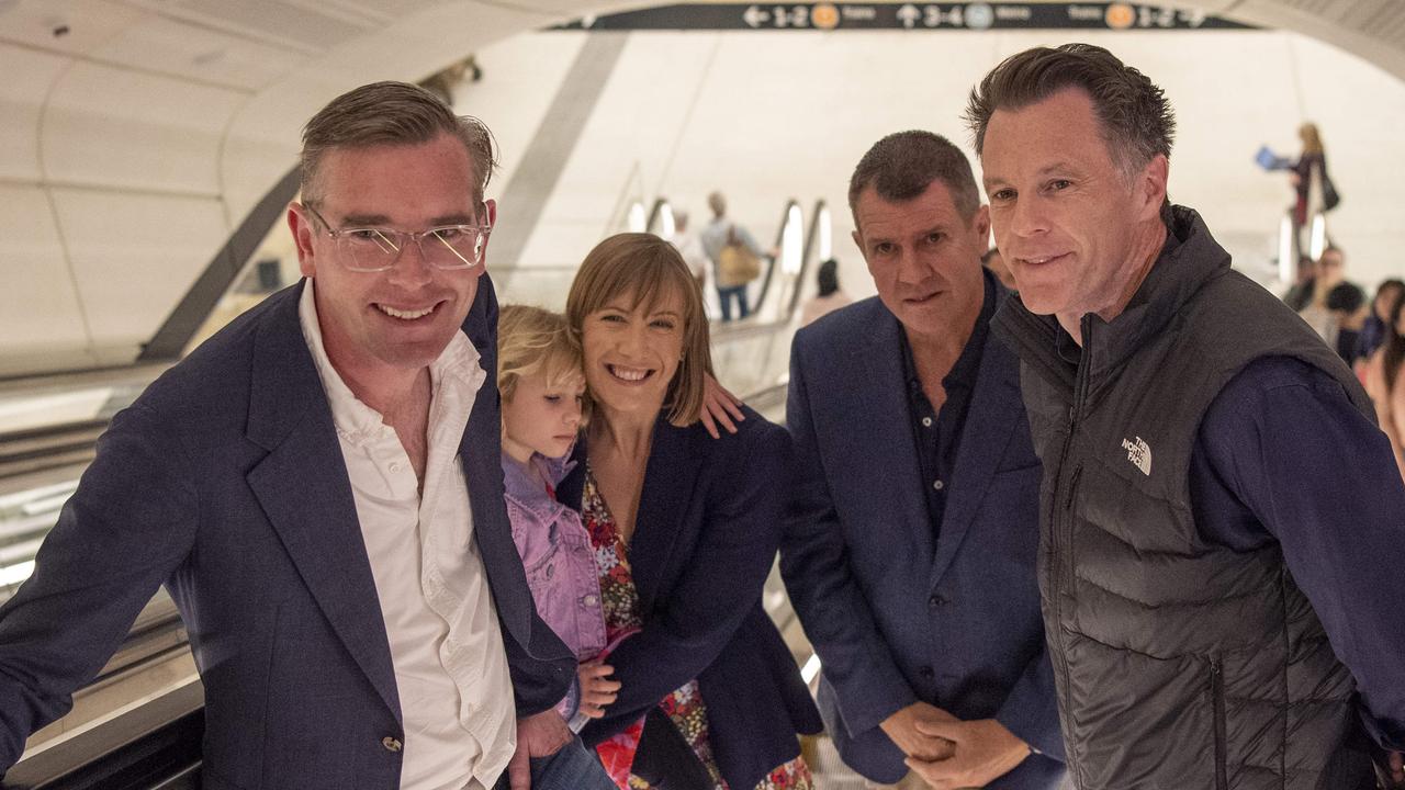 NSW Premier Chris Minns with Transport Minister Joe Haylen and her daughter Elli and former Premiers Mike Baird and Dominic Perrottet mark the Sydney Metro’s weekend opening. Picture: NewsWire / Simon Bullard.