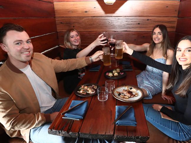 ( L-R ) Connor Hewitt , Maddison farmer , Maria Trotta and  Juliet Trotta enjoying a night out at IKU in Burleigh.Photograph : Jason O'Brien