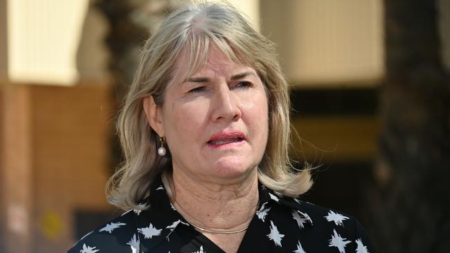 Chief Territory Minister Eva Lawler addressing the media at Alice Springs Police station in April. Picture: Grenville Turner