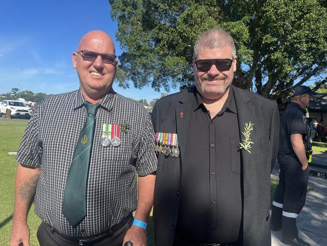 Pat Hunt and Butch Trembath attend the Anzac Day service in Hervey Bay.