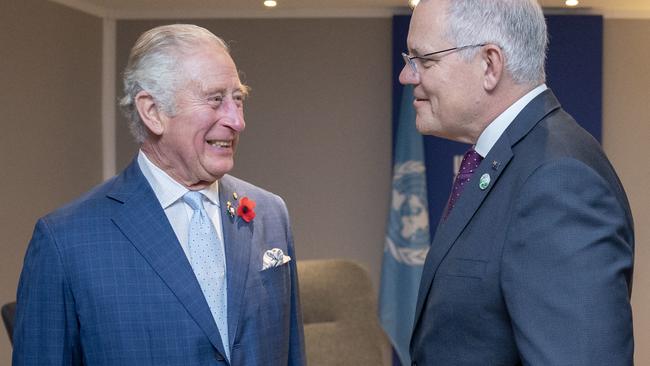 Prince Charles meets with Scott Morrison at the COP26 Climate Conference in Glasgow on November 2. (Photo by Jane Barlow/AFP