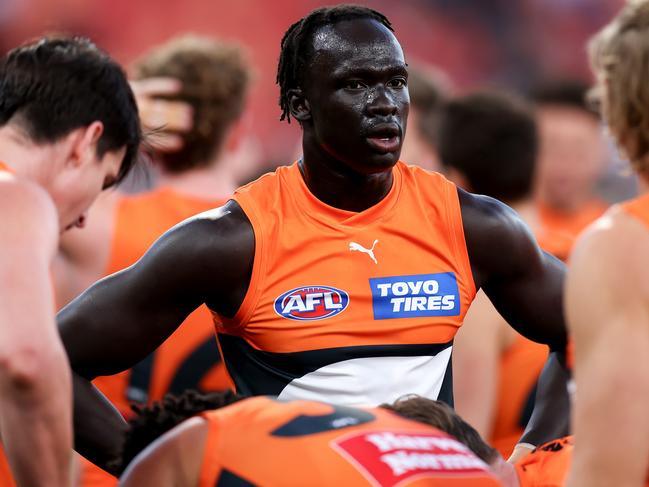 Leek Aleer hasn’t been able to lock down a permanent spot in the Giants’ defence. Picture: Getty Images