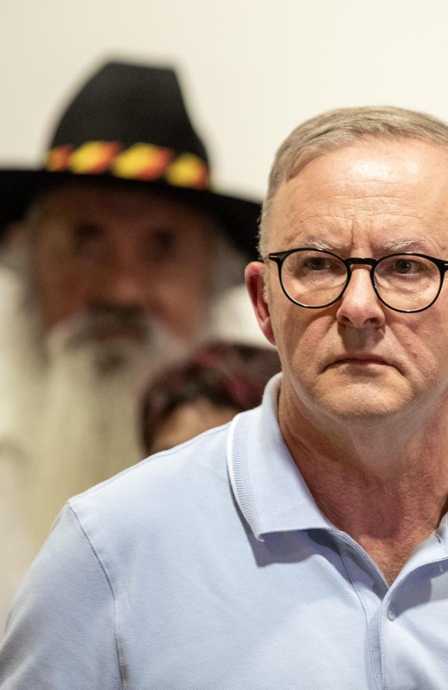 Prime Minister Anthony Albanese holds a press conference in Alice Springs after meeting with local leaders and Chief Minister Natasha Fyles. Picture: Liam Mendes / The Australian