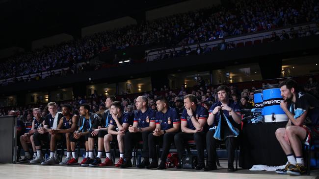 Adelaide’s bench watches the action against United. Picture: Emma Brasier (AAP).