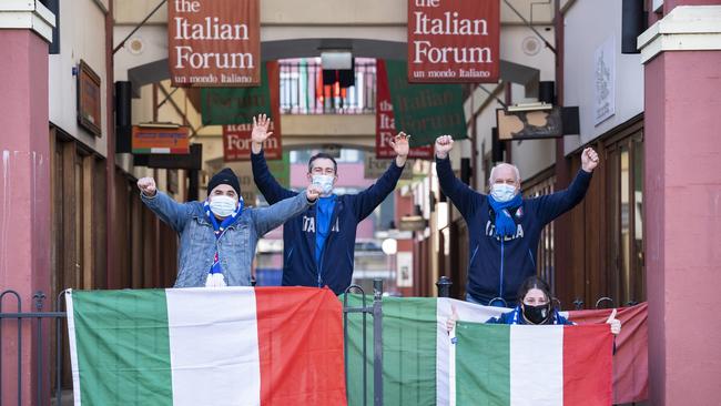 Italy fans celebrating in Norton Street Leichhardt: Andrea Gabrielli, Luigi Moccia, Ernesto Meduri, and Victoria Meduri.