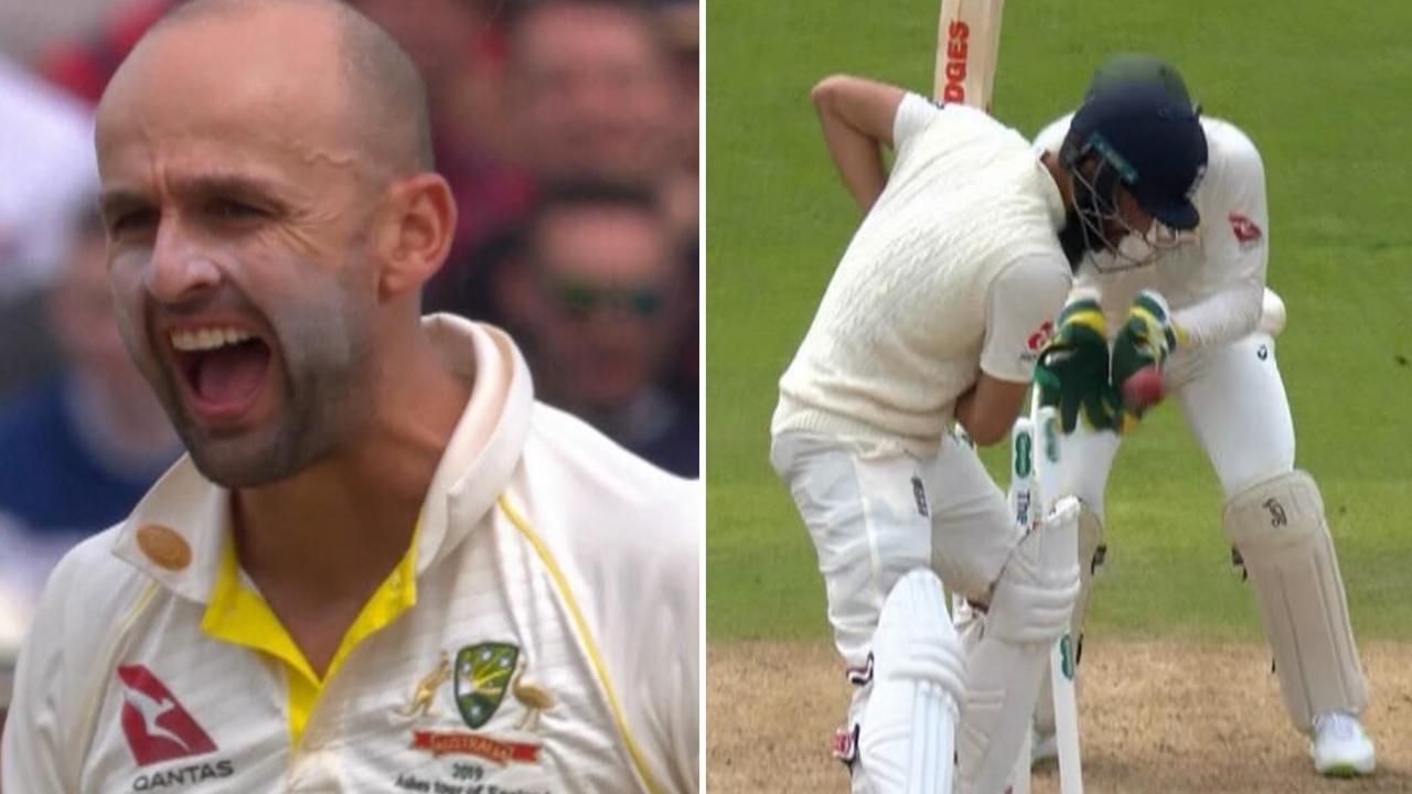 Nathan Lyon celebrates the dismissal of Moeen Ali.