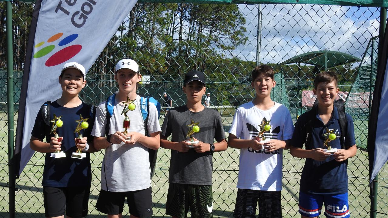 Tennis Gold Coast winners (from left to right): Yuma Adachi, Jed Crawshaw, Monty Kingston, Jack Hooker, Max Hooker. Pic: Supplied.