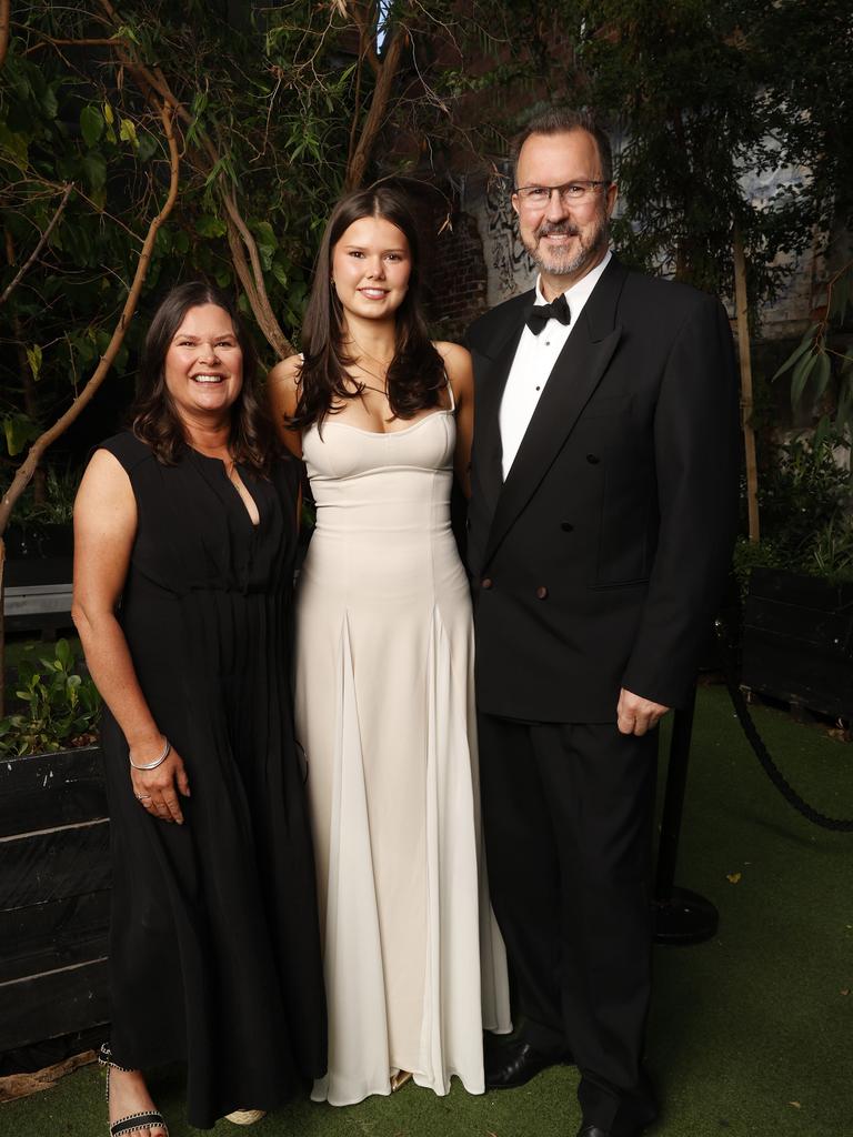 Sarah Bushby, Emily Bushby, David Bushby. Fahan School leavers dinner 2024. Picture: Nikki Davis-Jones