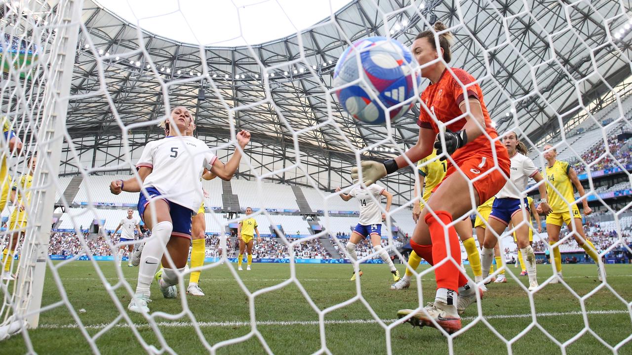 Trinity Rodman of Team USA scored her team's first goal in a game the Americans won against the Matildas 2-1. It will be the last match of these Olympics for the Tillies. Picture: Alex Livesey/Getty Images)