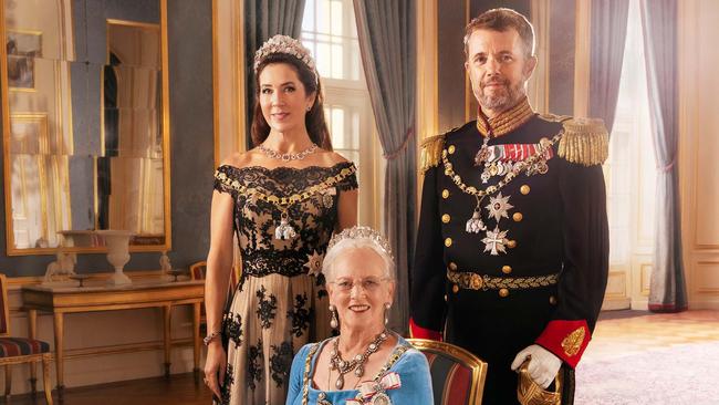 Her Majesty Queen Margrethe II of Denmark with Crown Prince Frederik and Crown Princess Mary.  The portrait has been released as part of the Queen's 50th Anniversary.  Picture: Per Morten Abrahamsen/Royal House