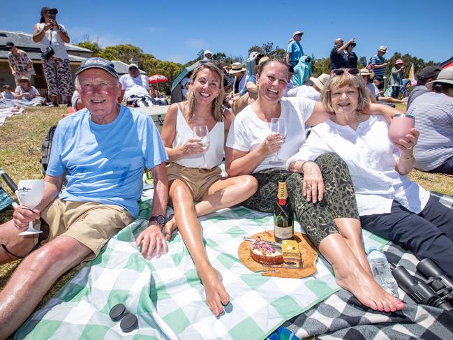 Wine and a cheese board for some spectators at South Head: Jim Irons, Jo Irons, Renee Thompson and Jen Thompson. Picture: Julian Andrews