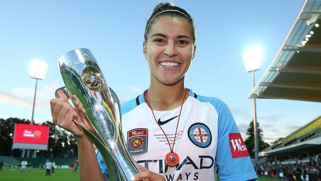 Steph Catley of Melbourne City poses with the trophy after winning the 2017 W-League Grand Final match between the Perth Glory and Melbourne City FC at nib Stadium. Photo: Paul Kane/Getty Images