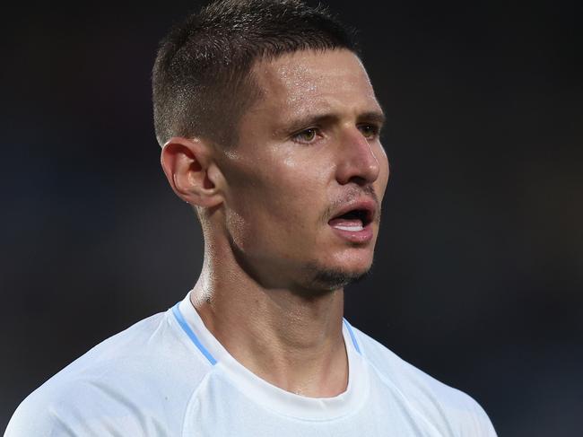 GOSFORD, AUSTRALIA - DECEMBER 08: Patryk Klimala of Sydney FC celebrates a goal during the round seven A-League Men match between Central Coast Mariners and Sydney FC at Industree Group Stadium, on December 08, 2024, in Gosford, Australia. (Photo by Scott Gardiner/Getty Images)