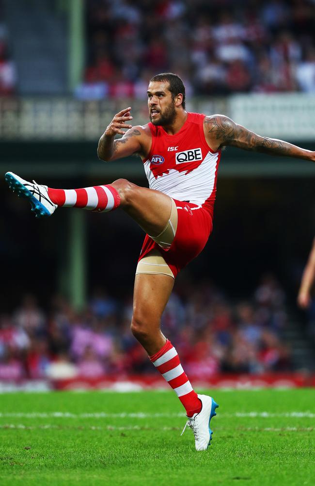 Lance Franklin in full cry kicks a goal against Essendon at the SCG. Picture: Phil Hillyard