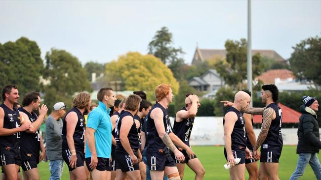 Ararat Eagles are all smiles as they walk off the ground. Photo: Ararat Eagles FC.